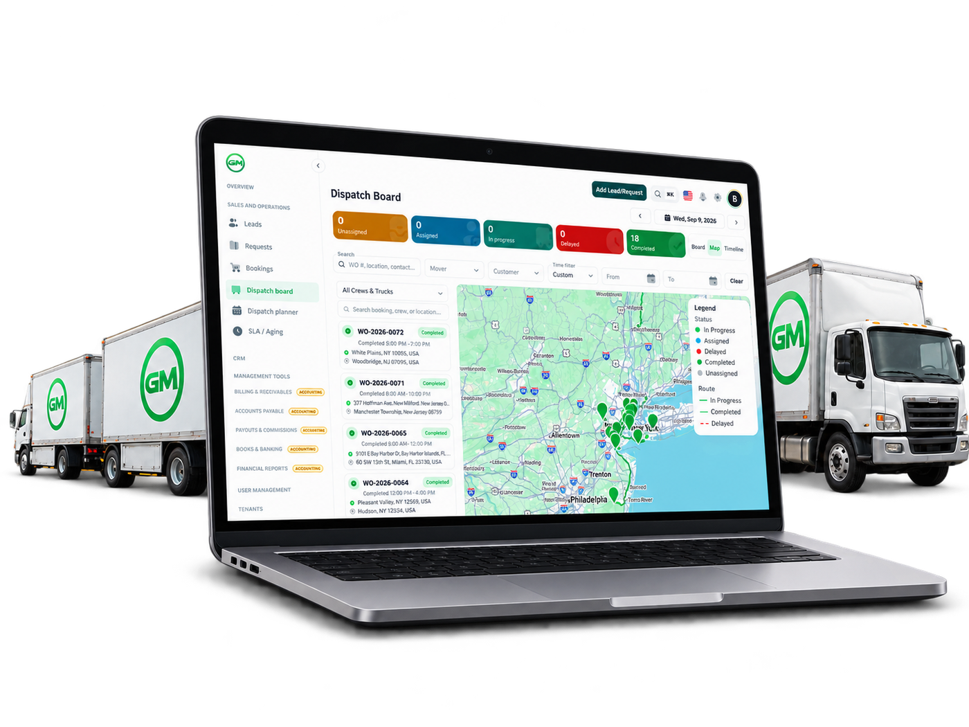 GetMoved Software dispatch board on a laptop, GetMoved trucks in the background
